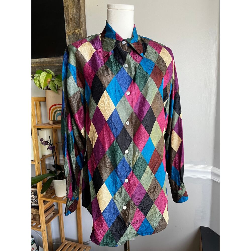 Vintage 90s Silk Blouse Diamond Patchwork Button Down Size Medium